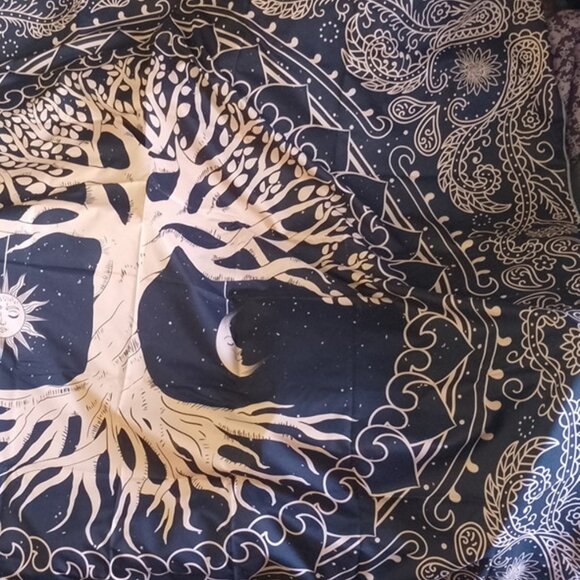 TREE OF LIFE, NEW TAPESTRY Sun Moon H 53" x W 60", Beige on Black - Picture 6 of 11